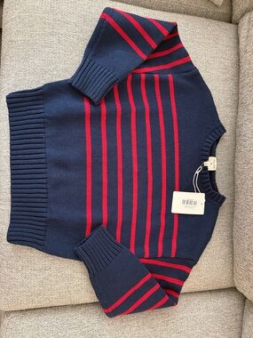 Women's Navy and Red Striped Crewneck Sweater